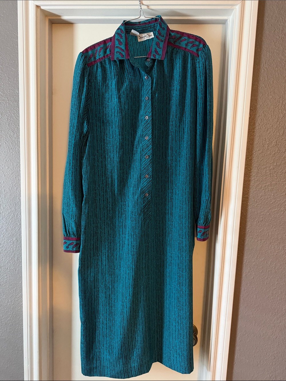 Vintage Teal Stripe Long Sleeve Shirt Dress with Contrast Trim